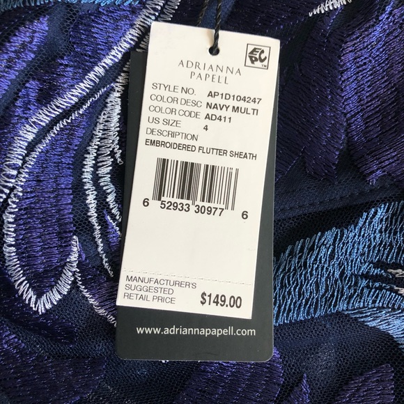 Adrianna Papell EMBROIDERED FLUTTER SLEEVE MIDI SHEATH DRESS IN NAVY MULTI - Picture 6 of 6